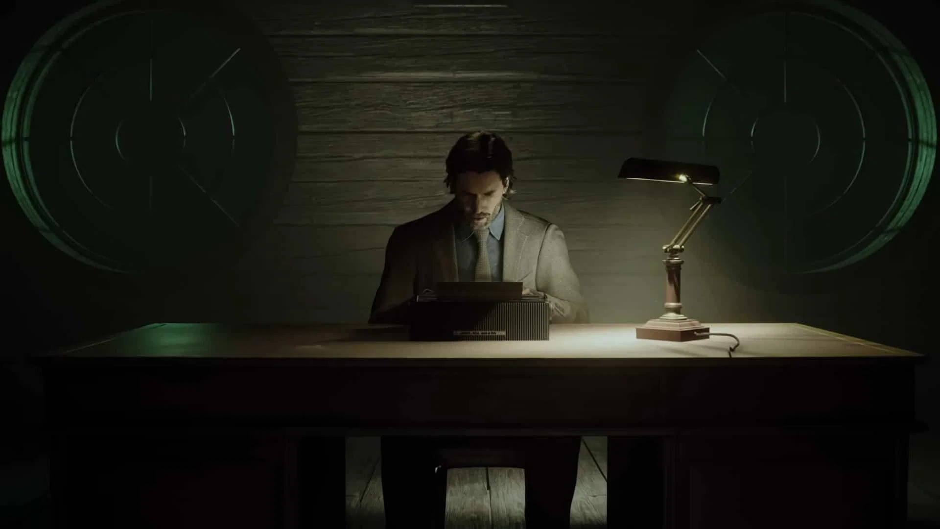 Alan Wake sits in his writer's room.
